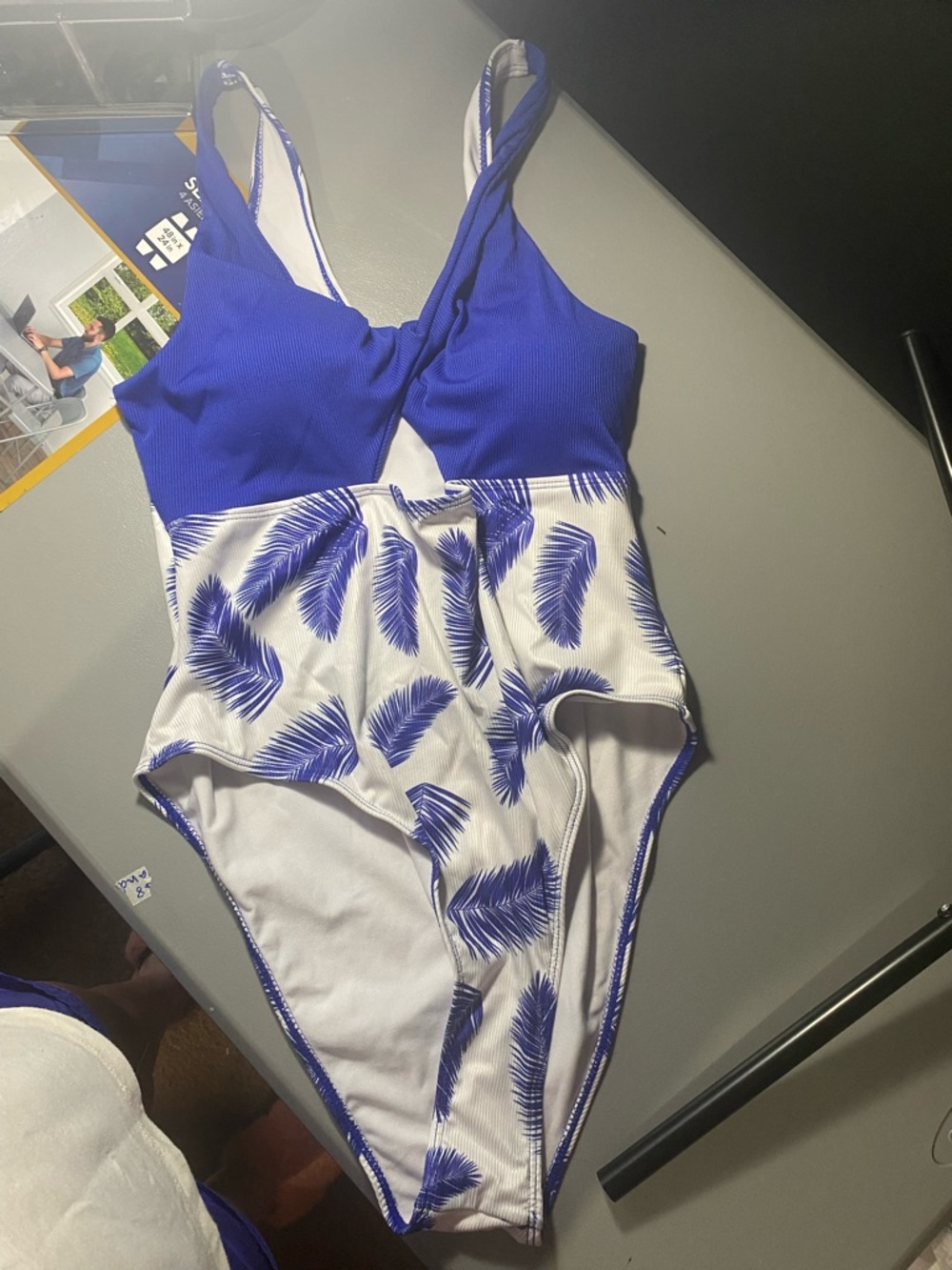 Royal Blue & White Feather Print One-Piece Swimsuit